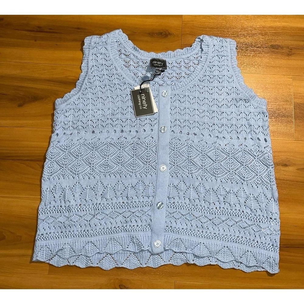 Womens NWT Ninety Clothing Crochet Knit Button Front Sweater Vest